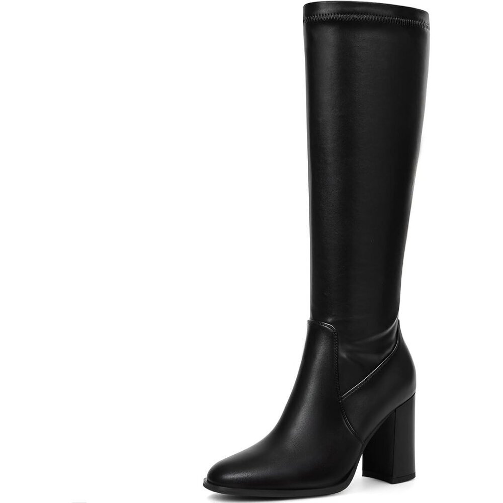 Women's Stretchy Black Knee High Boots Round Toe Side Zip Chunky Heel Rubber